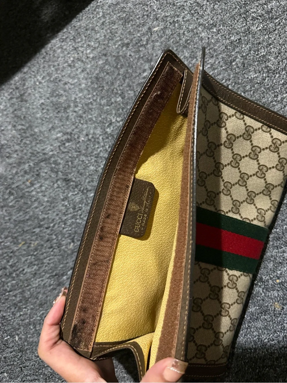 Gucci GG Supreme Web Stripe Clutch in Brown/Tan